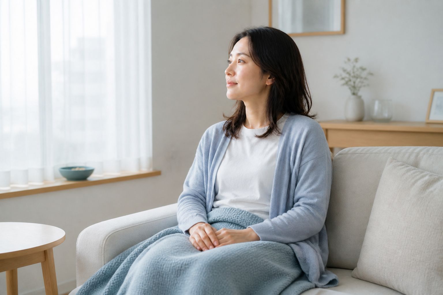 ソファでブランケットをかけて窓の外を見ている人